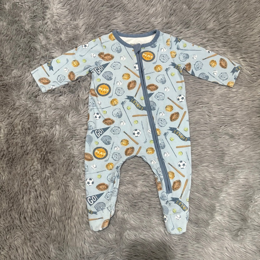 Mudpie‎ Sports Baby Footie Sleeper Blue Cotton Baby Boy 0-3 Months